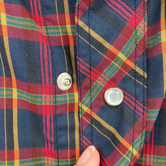 Vintage Rustler Blue Red Green Plaid XLong Tails Pearl Snap Western Shirt Top - Picture 6 of 9